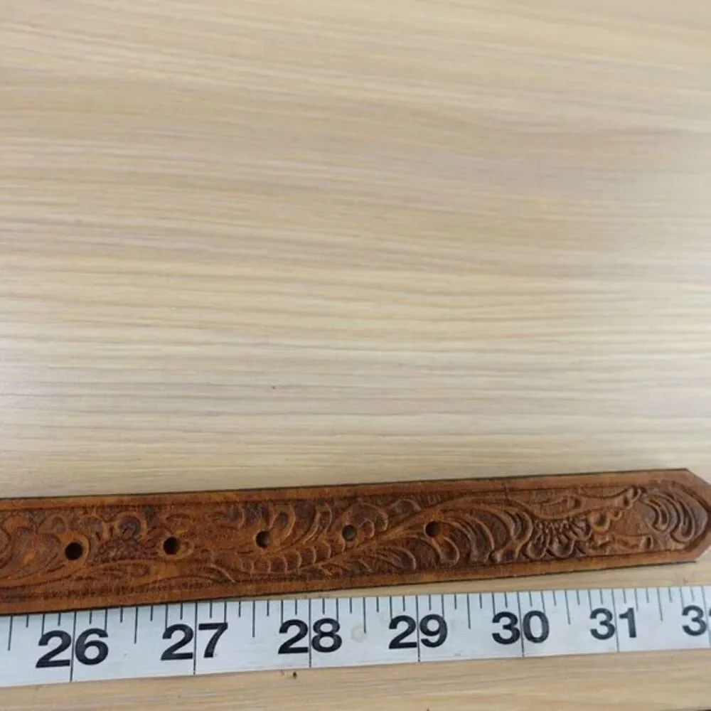 Western Top Grain Leather Belt‎ XS 28 JUSTIN Brown Tooled Rodeo Cowboy Buckle